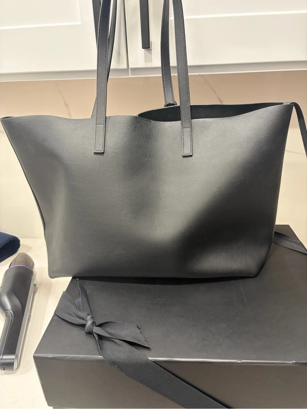 Saint Laurent Black Leather Tote with Detachable Pouch and Gold Hardware